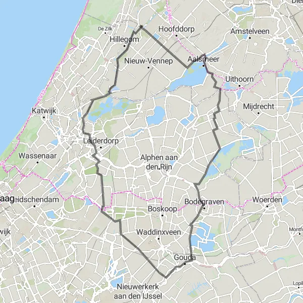 Map miniature of "Bennebroek to Gouda and back" cycling inspiration in Noord-Holland, Netherlands. Generated by Tarmacs.app cycling route planner