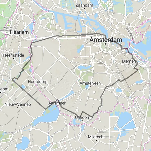 Map miniature of "Historical Journey" cycling inspiration in Noord-Holland, Netherlands. Generated by Tarmacs.app cycling route planner