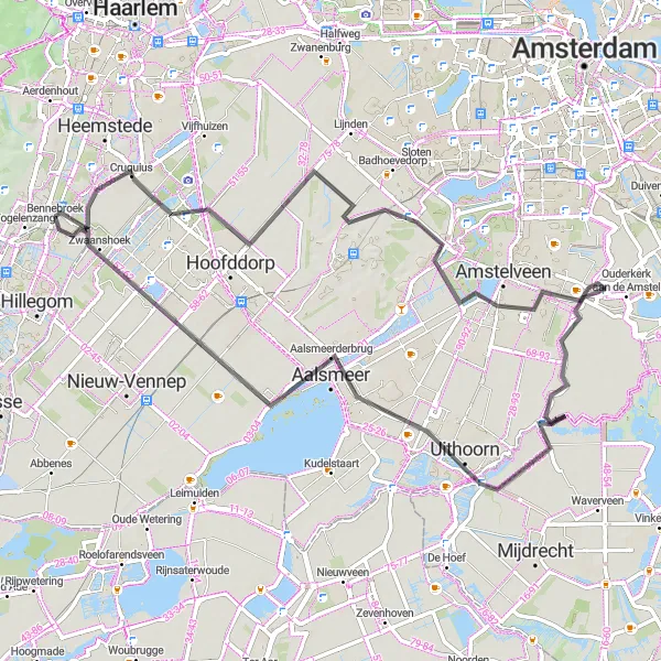 Map miniature of "Bennebroek to Cruquius and back" cycling inspiration in Noord-Holland, Netherlands. Generated by Tarmacs.app cycling route planner