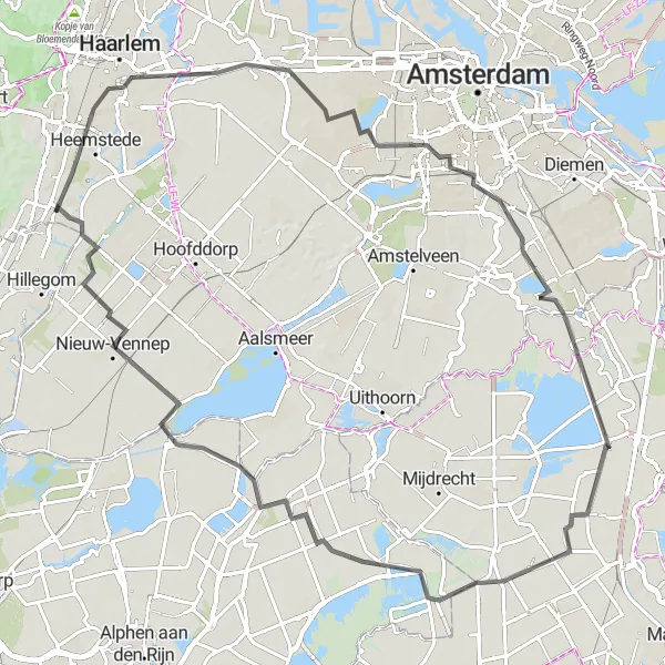 Map miniature of "Bennebroek to Woerdense Verlaat and back" cycling inspiration in Noord-Holland, Netherlands. Generated by Tarmacs.app cycling route planner