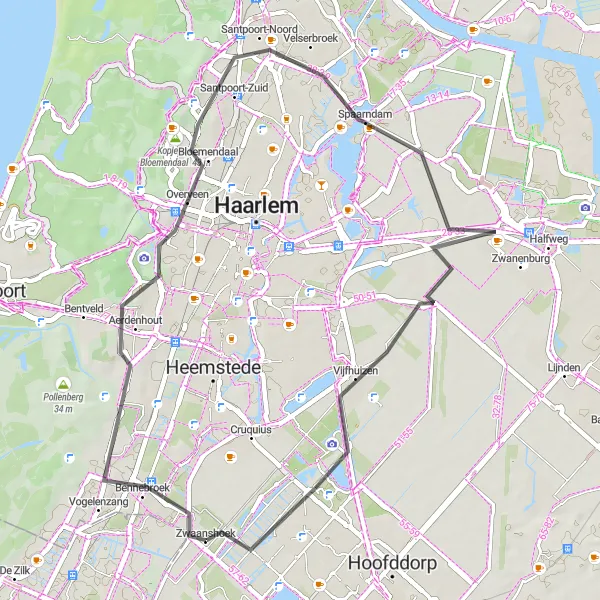Map miniature of "Bennebroek to Vijfhuizen and back" cycling inspiration in Noord-Holland, Netherlands. Generated by Tarmacs.app cycling route planner