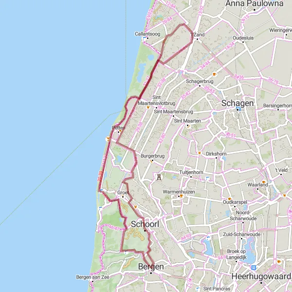 Map miniature of "Bergen Loop" cycling inspiration in Noord-Holland, Netherlands. Generated by Tarmacs.app cycling route planner