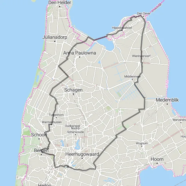 Map miniature of "Winding Wieringermeer" cycling inspiration in Noord-Holland, Netherlands. Generated by Tarmacs.app cycling route planner