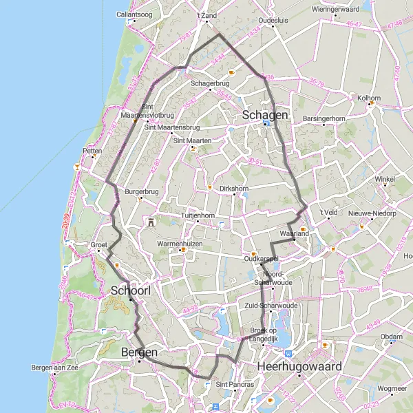 Map miniature of "Schoorl and Beyond" cycling inspiration in Noord-Holland, Netherlands. Generated by Tarmacs.app cycling route planner