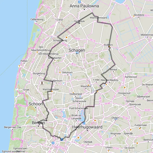 Miniatuurkaart van de fietsinspiratie "Historische Dorpen Route" in Noord-Holland, Netherlands. Gemaakt door de Tarmacs.app fietsrouteplanner