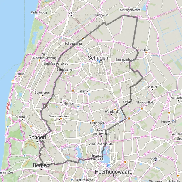 Map miniature of "Bergen and Beyond" cycling inspiration in Noord-Holland, Netherlands. Generated by Tarmacs.app cycling route planner