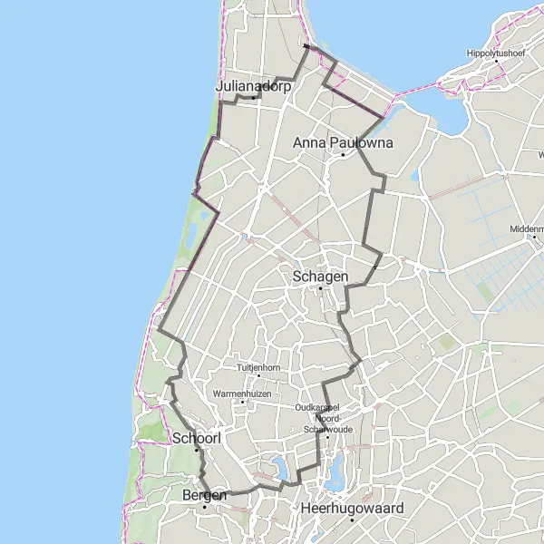 Map miniature of "Coastal Dunes Tour" cycling inspiration in Noord-Holland, Netherlands. Generated by Tarmacs.app cycling route planner