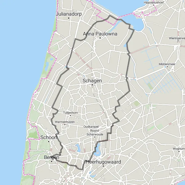 Map miniature of "North Holland Polders" cycling inspiration in Noord-Holland, Netherlands. Generated by Tarmacs.app cycling route planner