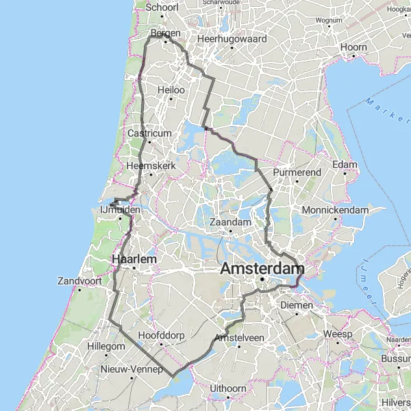 Map miniature of "Spectacular Midden-Kennemerland" cycling inspiration in Noord-Holland, Netherlands. Generated by Tarmacs.app cycling route planner