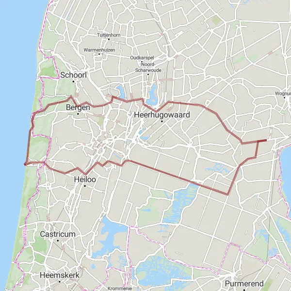 Map miniature of "Avenhorn and Bergen Gravel Route" cycling inspiration in Noord-Holland, Netherlands. Generated by Tarmacs.app cycling route planner