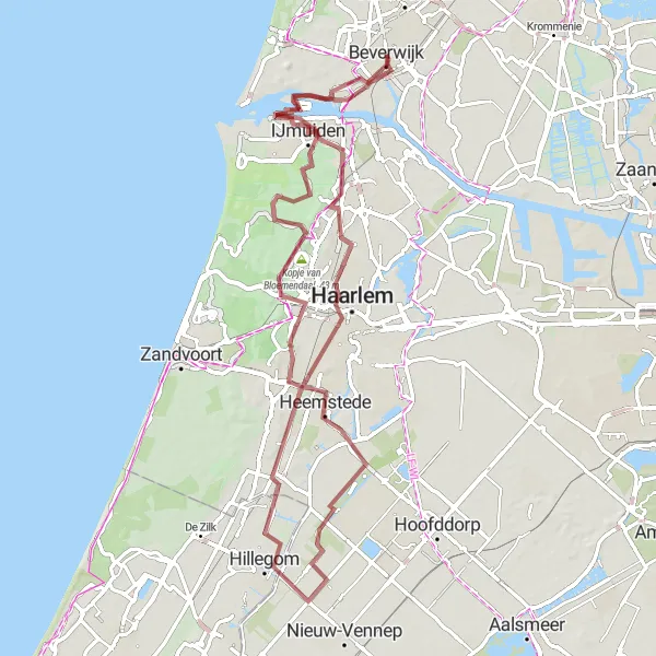 Miniatuurkaart van de fietsinspiratie "Gravelroute Beverwijk en omgeving" in Noord-Holland, Netherlands. Gemaakt door de Tarmacs.app fietsrouteplanner