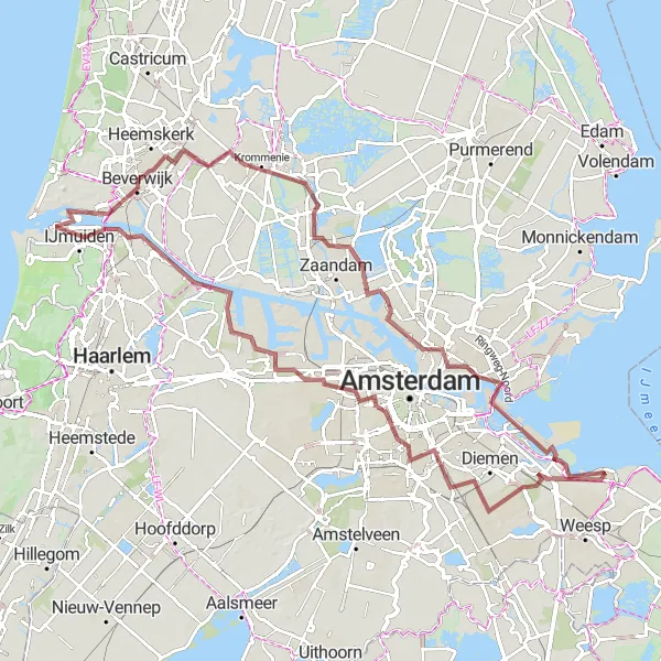 Map miniature of "Gravel Route through Noord-Holland" cycling inspiration in Noord-Holland, Netherlands. Generated by Tarmacs.app cycling route planner