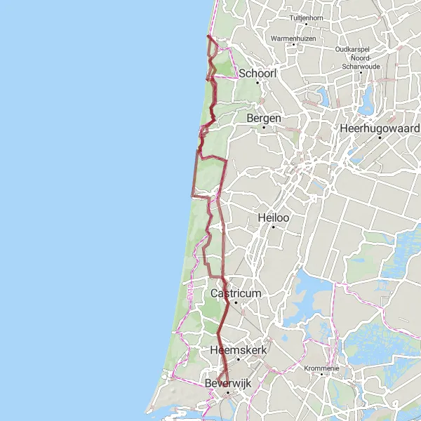 Map miniature of "Panoramic Gravel Route in Noord-Holland" cycling inspiration in Noord-Holland, Netherlands. Generated by Tarmacs.app cycling route planner