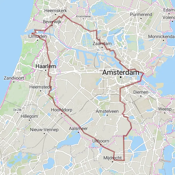 Map miniature of "Zaandam Gravel Adventure" cycling inspiration in Noord-Holland, Netherlands. Generated by Tarmacs.app cycling route planner