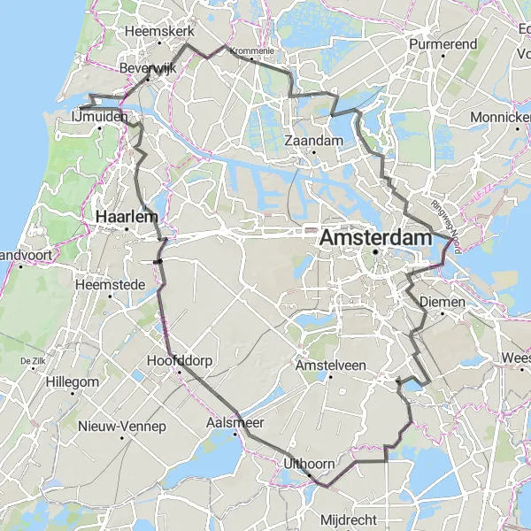 Map miniature of "Amsterdam Lakes and Countryside Tour" cycling inspiration in Noord-Holland, Netherlands. Generated by Tarmacs.app cycling route planner