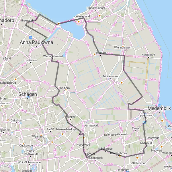 Map miniature of "Westerland to Breezand Loop" cycling inspiration in Noord-Holland, Netherlands. Generated by Tarmacs.app cycling route planner