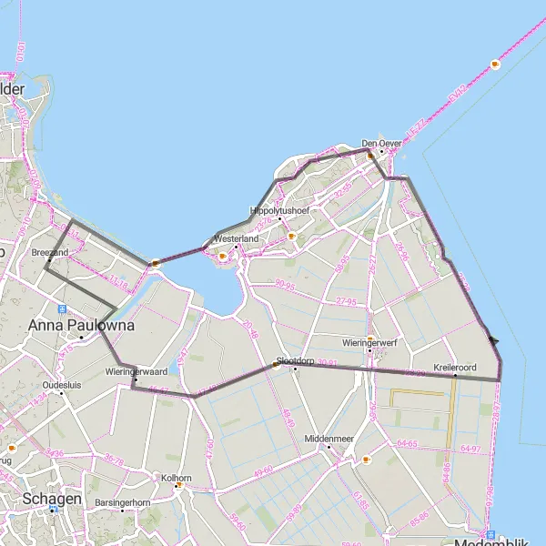Map miniature of "Breezand to Van Ewijcksluis Route" cycling inspiration in Noord-Holland, Netherlands. Generated by Tarmacs.app cycling route planner