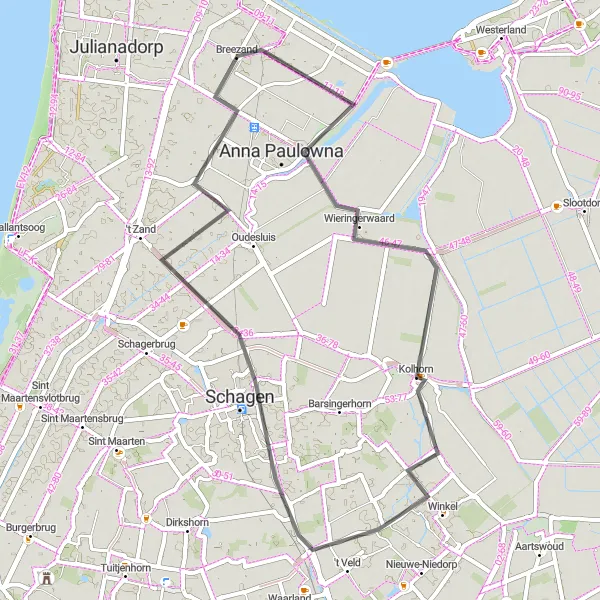 Miniatuurkaart van de fietsinspiratie "Wieringermeerse Polder Route" in Noord-Holland, Netherlands. Gemaakt door de Tarmacs.app fietsrouteplanner