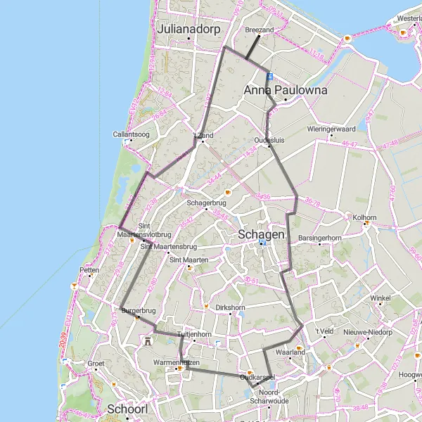 Map miniature of "Oudesluis to Breezand Scenic Route" cycling inspiration in Noord-Holland, Netherlands. Generated by Tarmacs.app cycling route planner