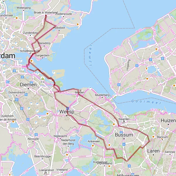 Map miniature of "Broek in Waterland - Schellingwoude - Weesp - Trapjesberg - Bussum - Muiderslot - Broek in Waterland" cycling inspiration in Noord-Holland, Netherlands. Generated by Tarmacs.app cycling route planner