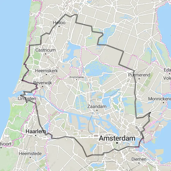 Map miniature of "Historic Road Cycling Route" cycling inspiration in Noord-Holland, Netherlands. Generated by Tarmacs.app cycling route planner