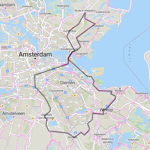 Map miniature of "Around the Amstel River" cycling inspiration in Noord-Holland, Netherlands. Generated by Tarmacs.app cycling route planner