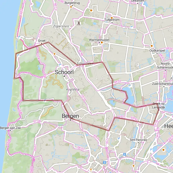 Miniatuurkaart van de fietsinspiratie "Gravel Avontuur Bergen en Camperduin" in Noord-Holland, Netherlands. Gemaakt door de Tarmacs.app fietsrouteplanner