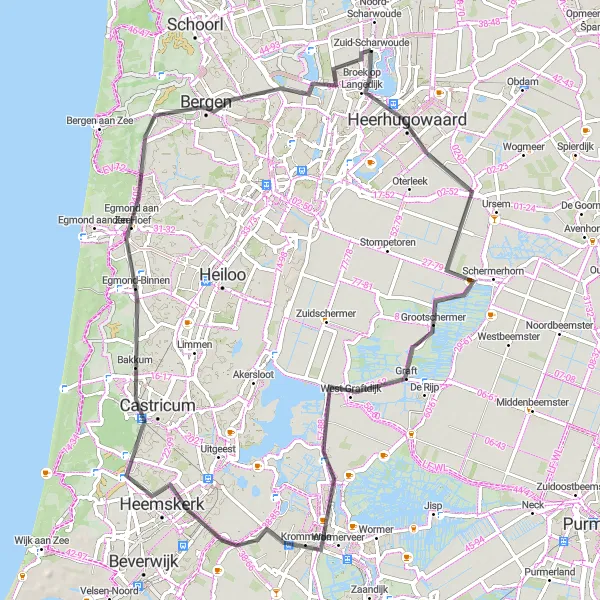 Map miniature of "Heerhugowaard Loop" cycling inspiration in Noord-Holland, Netherlands. Generated by Tarmacs.app cycling route planner
