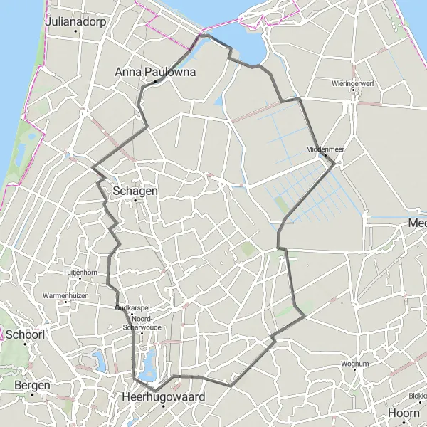 Miniatuurkaart van de fietsinspiratie "Road Toer Dirkshorn en Heerhugowaard" in Noord-Holland, Netherlands. Gemaakt door de Tarmacs.app fietsrouteplanner