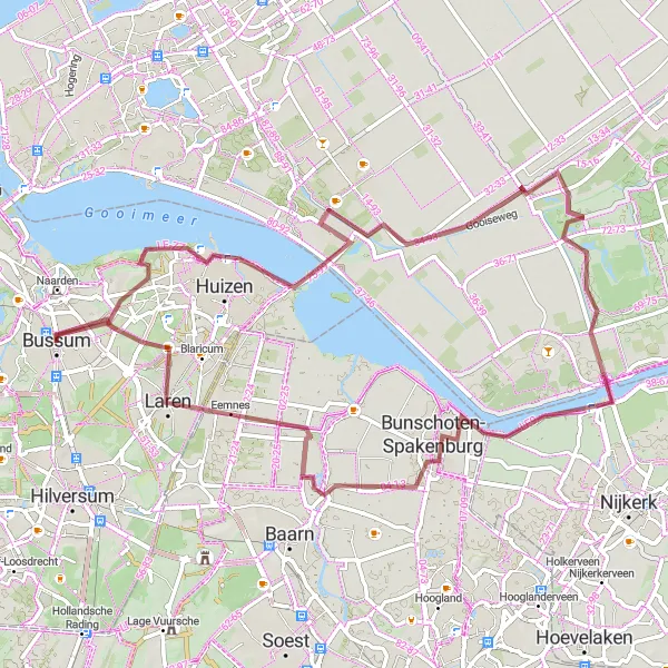 Map miniature of "Huizen and Laren Gravel Route" cycling inspiration in Noord-Holland, Netherlands. Generated by Tarmacs.app cycling route planner