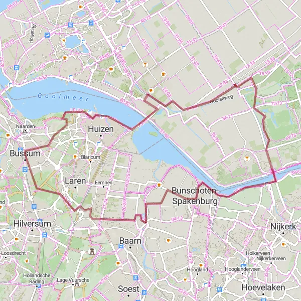 Map miniature of "Bussum and Kasteel Groeneveld Gravel Route" cycling inspiration in Noord-Holland, Netherlands. Generated by Tarmacs.app cycling route planner