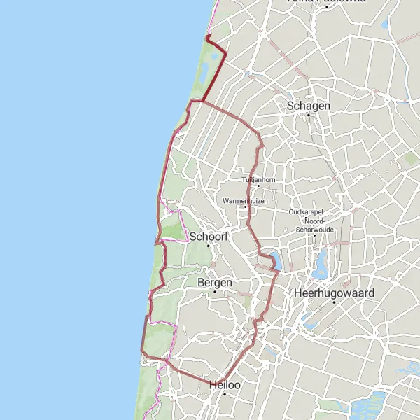 Map miniature of "Warmenhuizen and Egmond aan Zee Gravel Route" cycling inspiration in Noord-Holland, Netherlands. Generated by Tarmacs.app cycling route planner