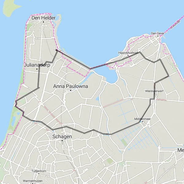 Map miniature of "Northern Holland Loop" cycling inspiration in Noord-Holland, Netherlands. Generated by Tarmacs.app cycling route planner