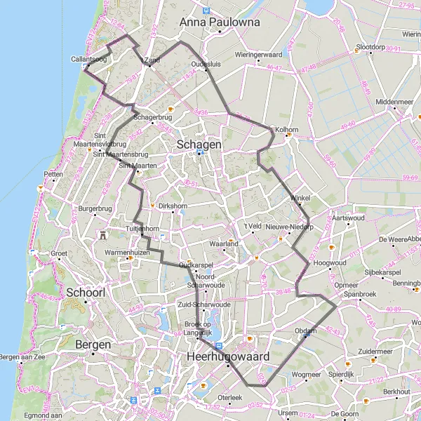 Map miniature of "Obdam and Heerhugowaard Road Route" cycling inspiration in Noord-Holland, Netherlands. Generated by Tarmacs.app cycling route planner
