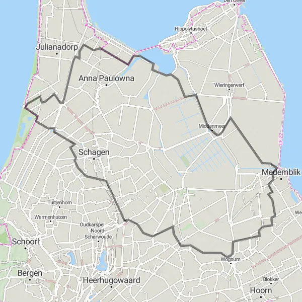 Miniatuurkaart van de fietsinspiratie "Noord-Holland Polders Tour" in Noord-Holland, Netherlands. Gemaakt door de Tarmacs.app fietsrouteplanner