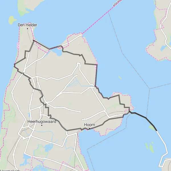 Map miniature of "De Kooy and Callantsoog Road Route" cycling inspiration in Noord-Holland, Netherlands. Generated by Tarmacs.app cycling route planner