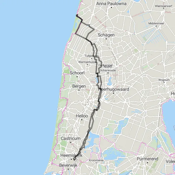 Miniatuurkaart van de fietsinspiratie "Langs de Kust en Historische Steden" in Noord-Holland, Netherlands. Gemaakt door de Tarmacs.app fietsrouteplanner