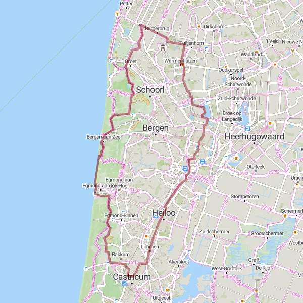 Miniatuurkaart van de fietsinspiratie "Duinen en dorpjes" in Noord-Holland, Netherlands. Gemaakt door de Tarmacs.app fietsrouteplanner