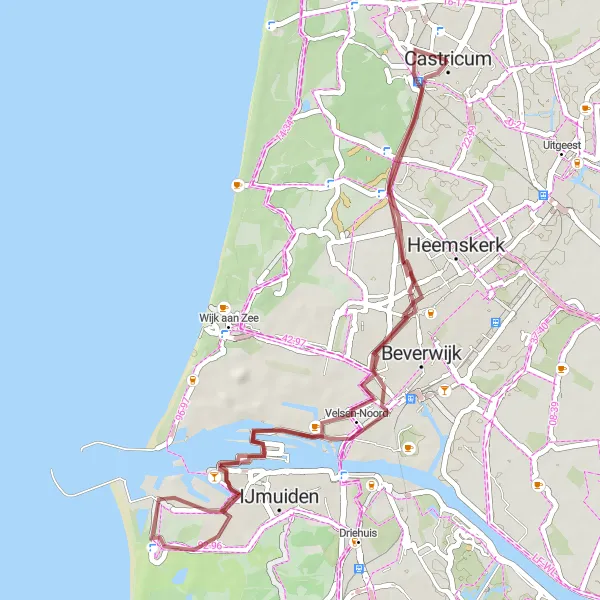 Miniatuurkaart van de fietsinspiratie "Gravelroute naar de kust" in Noord-Holland, Netherlands. Gemaakt door de Tarmacs.app fietsrouteplanner