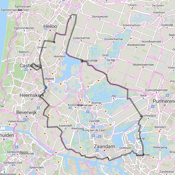 Map miniature of "Road Route 2" cycling inspiration in Noord-Holland, Netherlands. Generated by Tarmacs.app cycling route planner