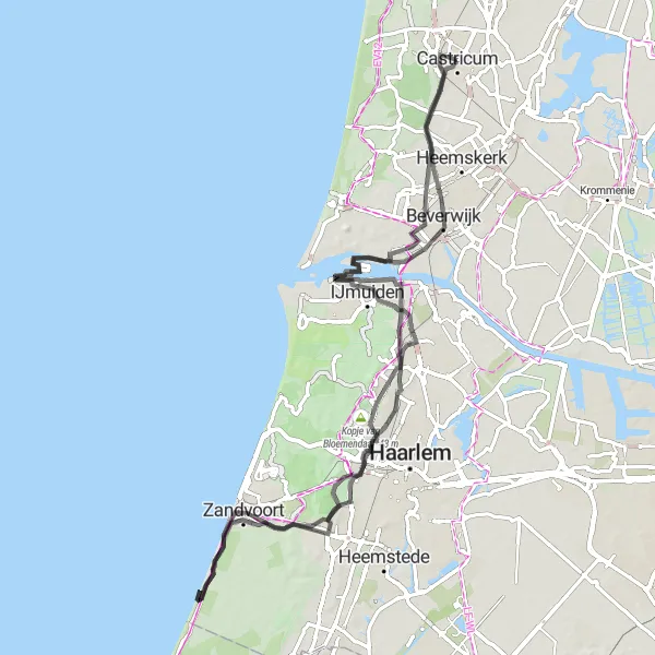Miniatuurkaart van de fietsinspiratie "Heuvels en kustlijn" in Noord-Holland, Netherlands. Gemaakt door de Tarmacs.app fietsrouteplanner