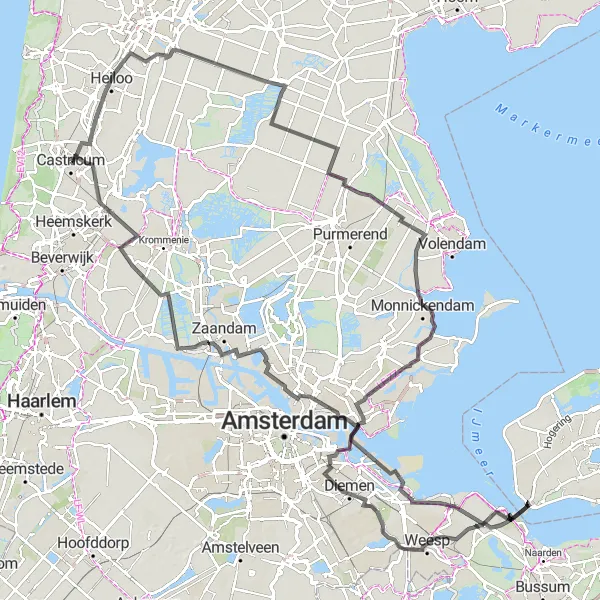 Map miniature of "Road Cycling Adventure" cycling inspiration in Noord-Holland, Netherlands. Generated by Tarmacs.app cycling route planner