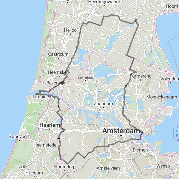 Map miniature of "The Coastal Dunes Cycling Route" cycling inspiration in Noord-Holland, Netherlands. Generated by Tarmacs.app cycling route planner