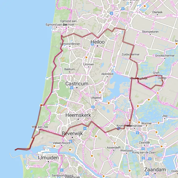 Map miniature of "Gravel Route - The North-Holland Adventure" cycling inspiration in Noord-Holland, Netherlands. Generated by Tarmacs.app cycling route planner