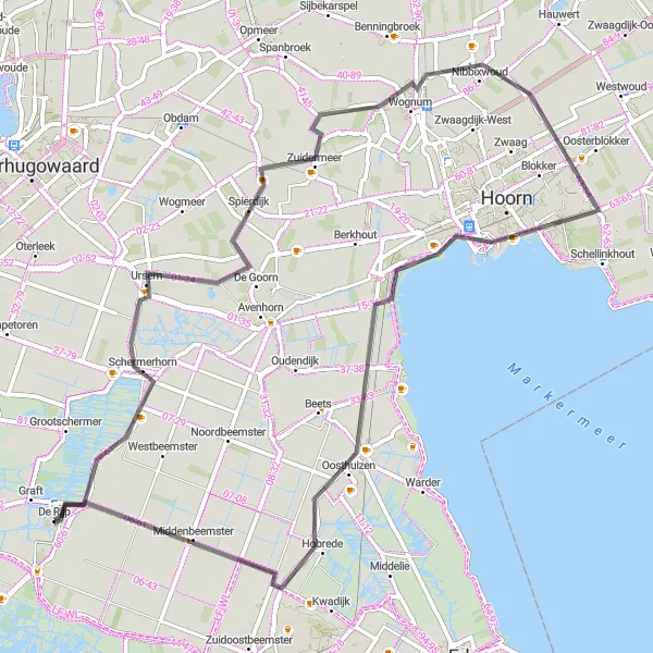 Map miniature of "The Leisurely Country Ride" cycling inspiration in Noord-Holland, Netherlands. Generated by Tarmacs.app cycling route planner