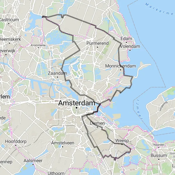 Map miniature of "Exploring the Land of Windmills - Middenbeemster to West-Graftdijk" cycling inspiration in Noord-Holland, Netherlands. Generated by Tarmacs.app cycling route planner