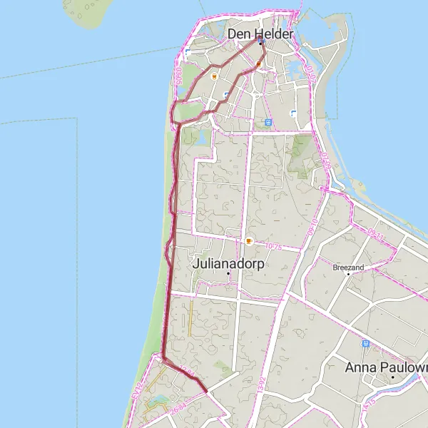Map miniature of "Coastal Gravel Adventure: Den Helder to Texel" cycling inspiration in Noord-Holland, Netherlands. Generated by Tarmacs.app cycling route planner