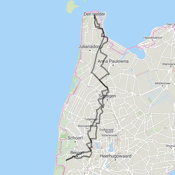 Miniatuurkaart van de fietsinspiratie "Roadtrip naar Bergen" in Noord-Holland, Netherlands. Gemaakt door de Tarmacs.app fietsrouteplanner