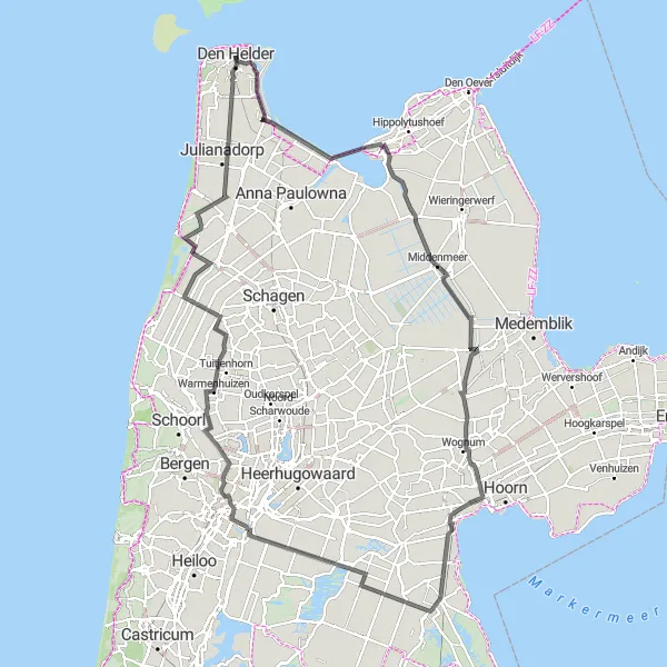 Miniatuurkaart van de fietsinspiratie "West-Friese Polder Route" in Noord-Holland, Netherlands. Gemaakt door de Tarmacs.app fietsrouteplanner