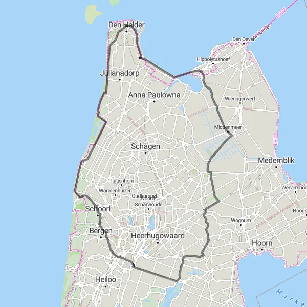 Map miniature of "Den Helder to Schoorl: Combination of Coast and Countryside" cycling inspiration in Noord-Holland, Netherlands. Generated by Tarmacs.app cycling route planner